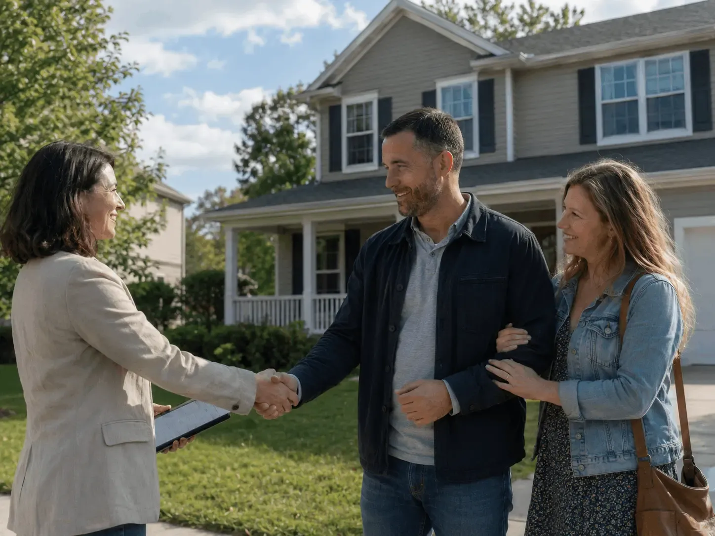 Real estate agent shaking hands with buyers in front of a house