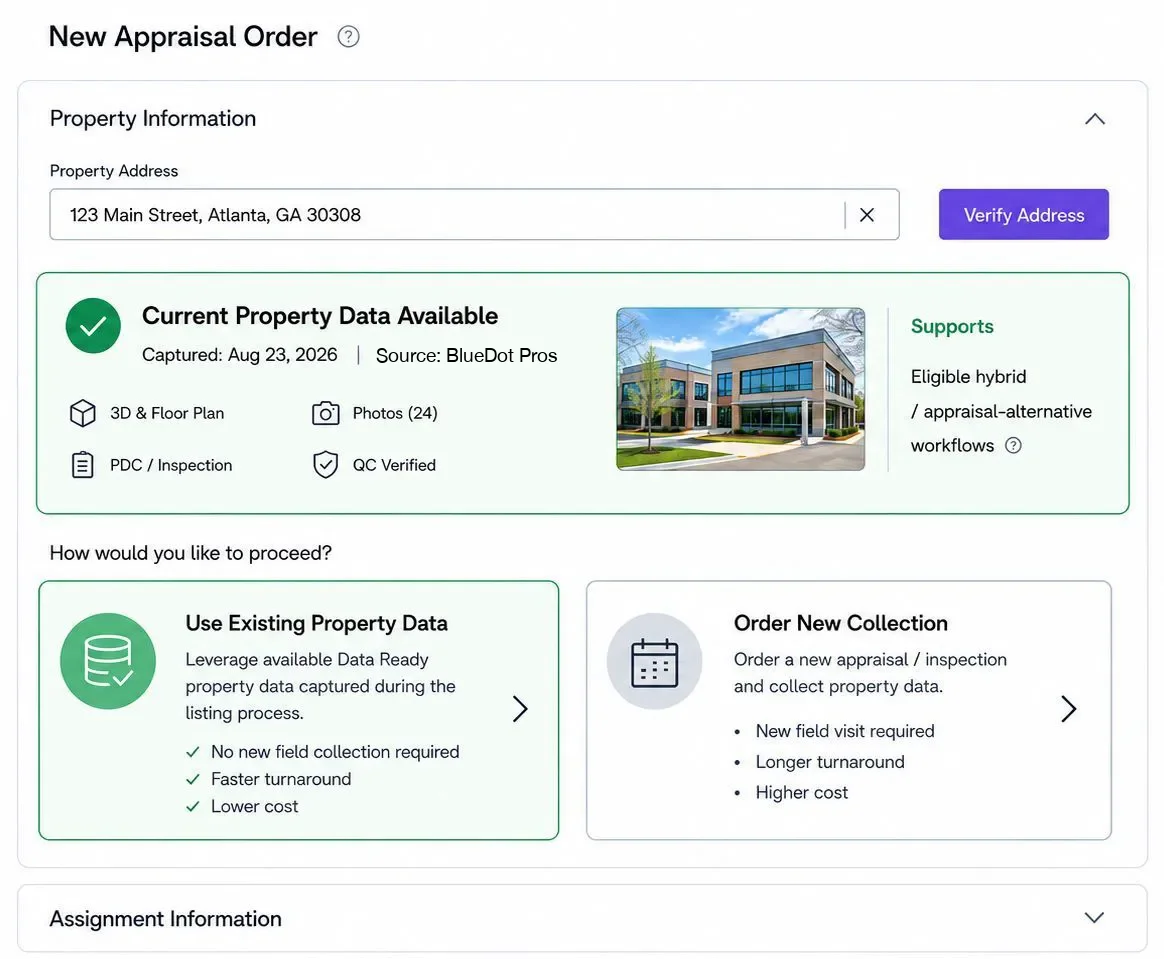 New appraisal order screen showing current property data available with the option to use existing property data
