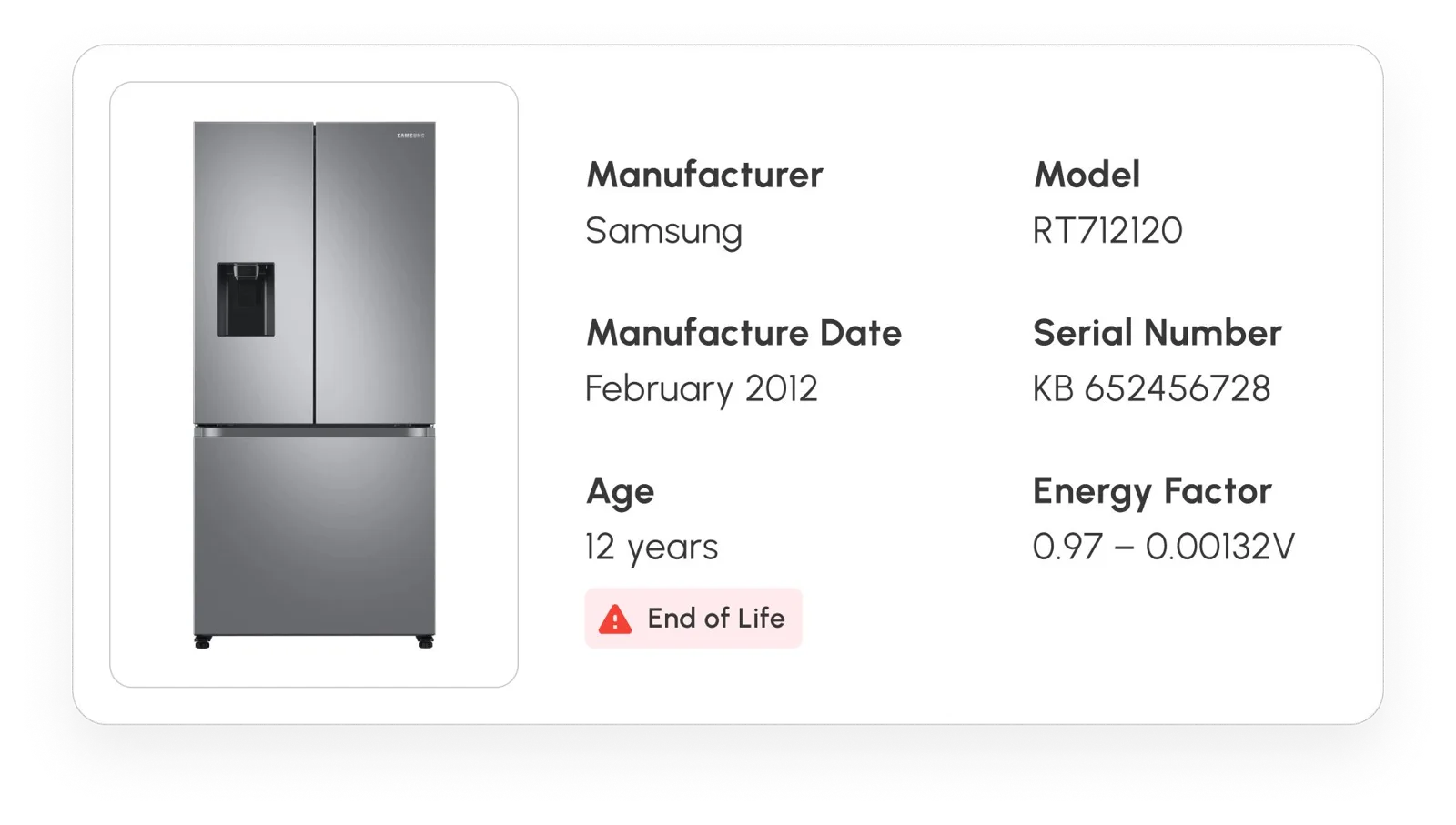 Samsung refrigerator record: model RT712120, serial KB 652456728, made February 2012, 12 years old, flagged End of Life