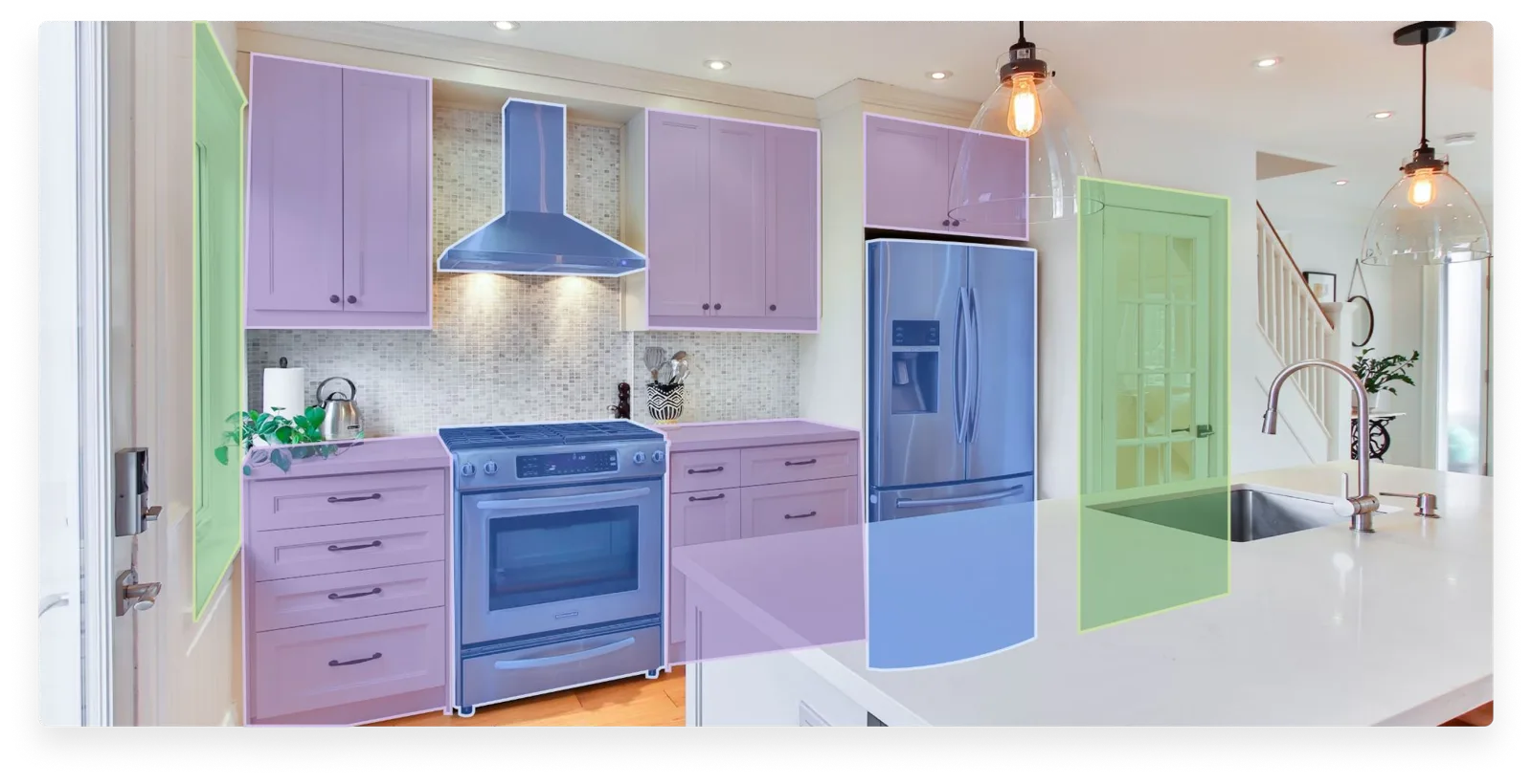 Kitchen photo with cabinets, appliances and doors outlined in color by AI segmentation