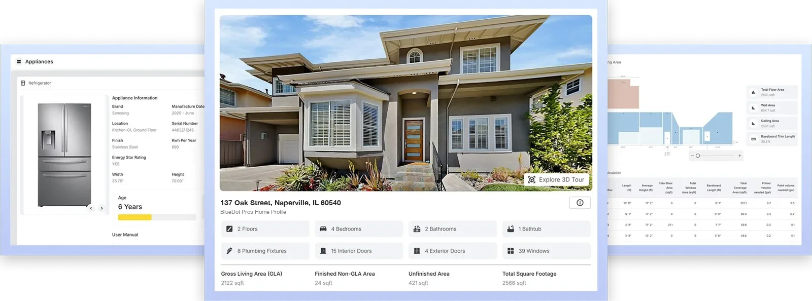 Three stacked Property Data Report screens showing property details, room measurements and photos