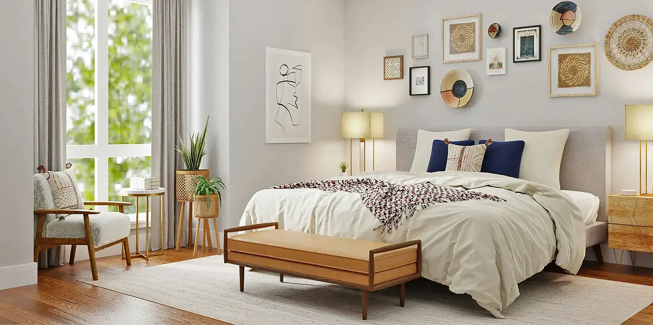 Modern cozy bedroom interior featuring neutral tones, wooden furniture, a large window, and decorative wall art above the bed.