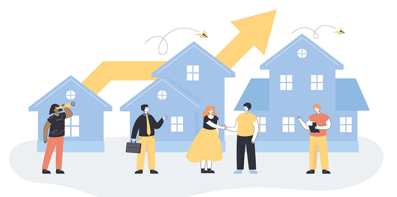 Conceptual graphic showing miniature houses and people with a large upward yellow arrow symbolizing real estate market growth.