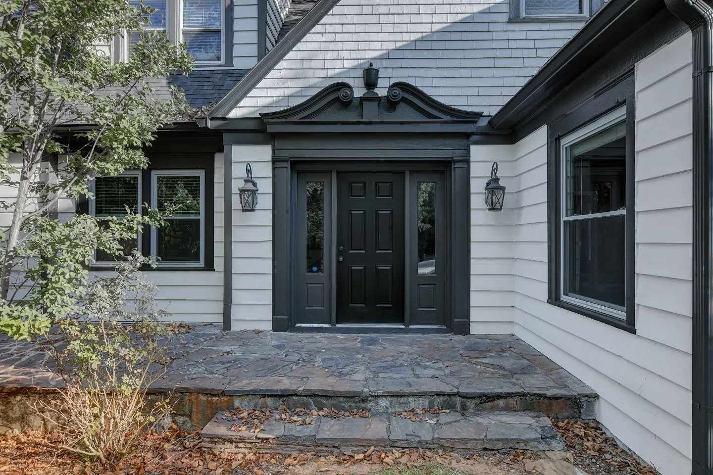 Close-up of a modern home's black front door entrance with a covered overhang and dark siding.