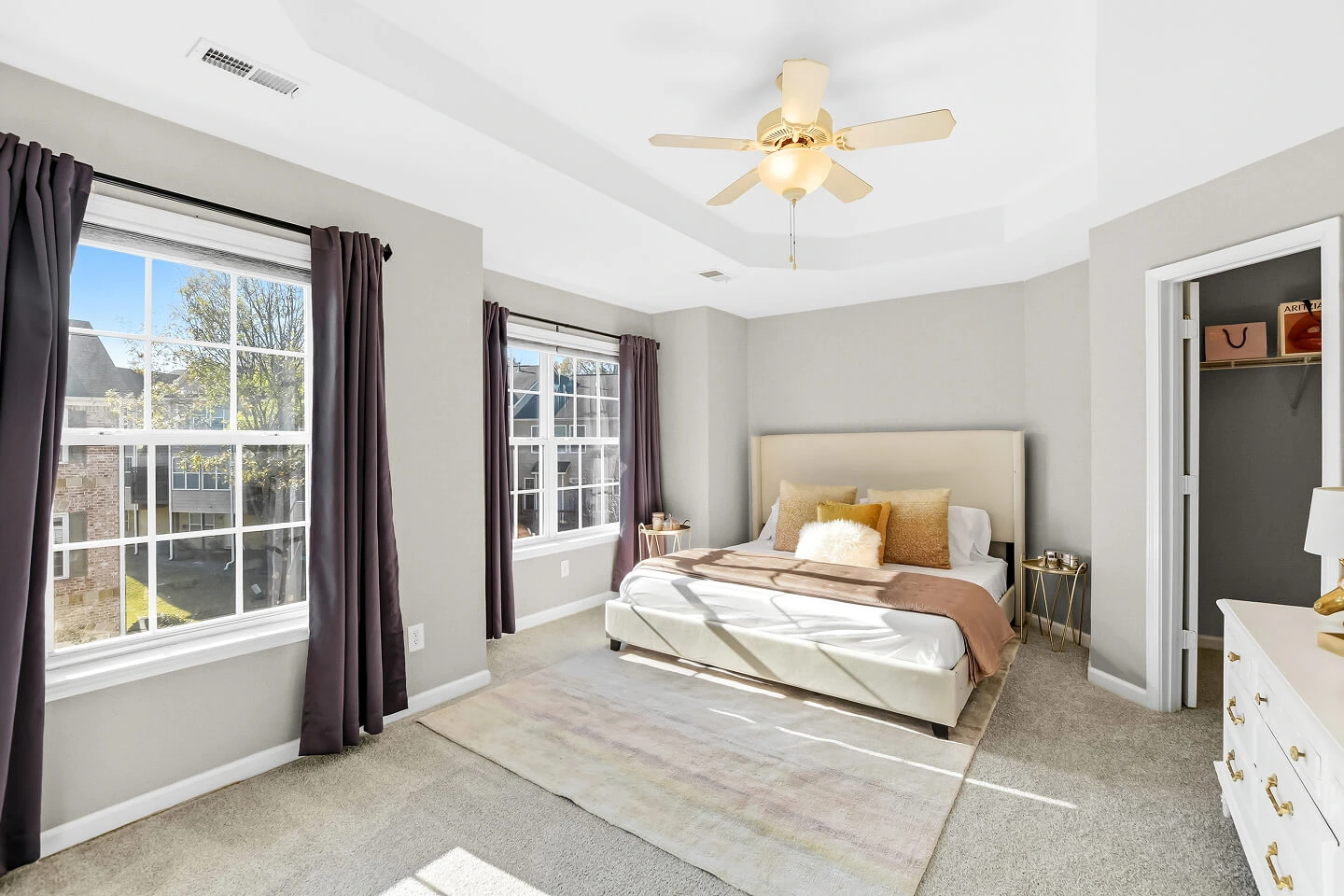 Carpeted bedroom with tray ceiling, two large windows, ceiling fan, and a walk-in closet