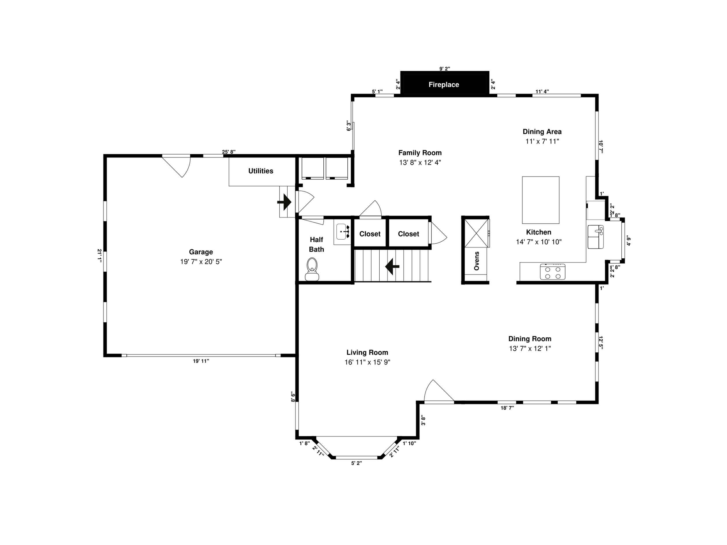 High-detail 2D black and white floor plan illustration showing precise room layout, measurements, and architectural design for a property listing.